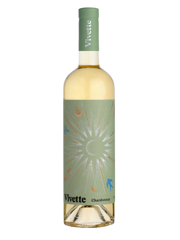 Botella de Vivette Chardonnay de Leonine Wines, vino blanco elegante de D.O. Somontano, con etiqueta verde y dorada